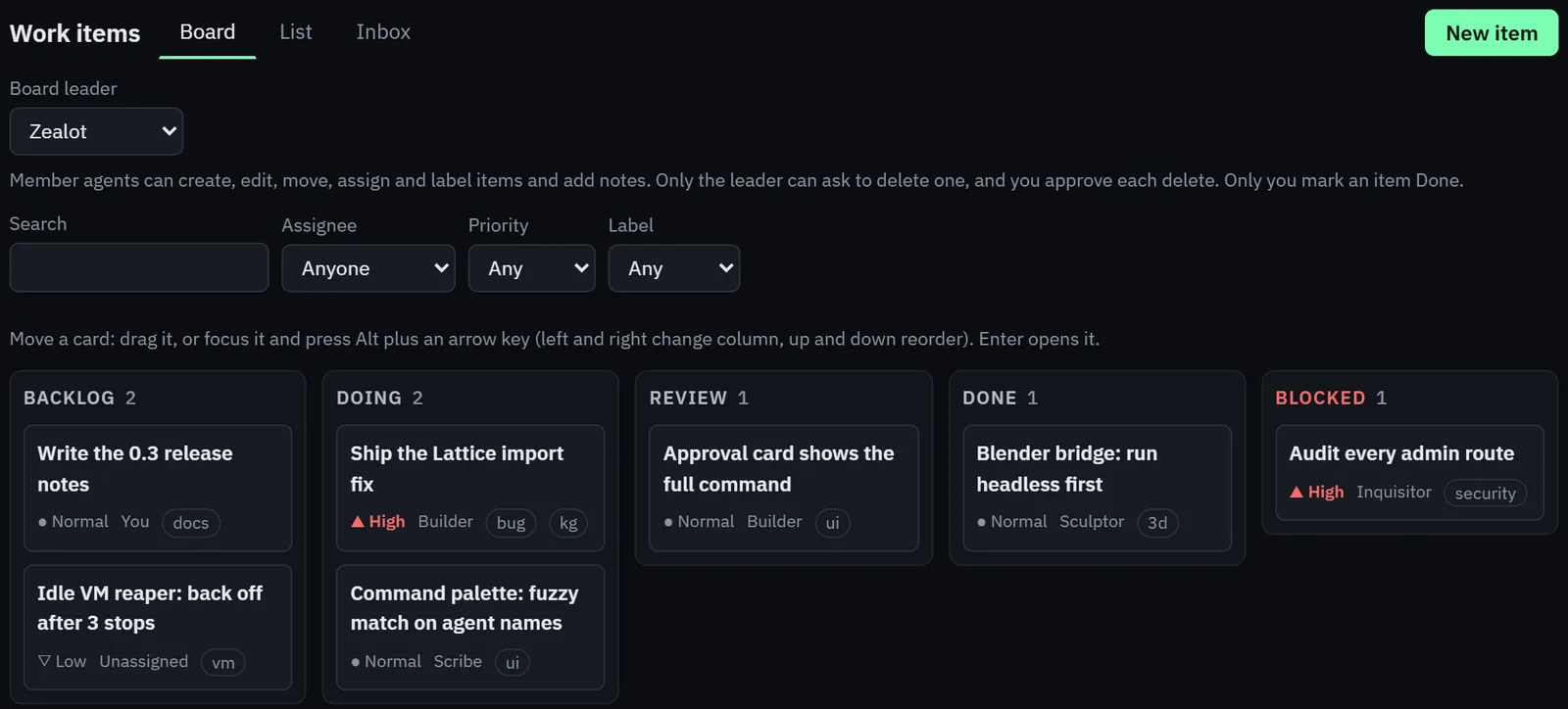 Legion's project board with five columns: Backlog, Doing, Review, Done and Blocked.