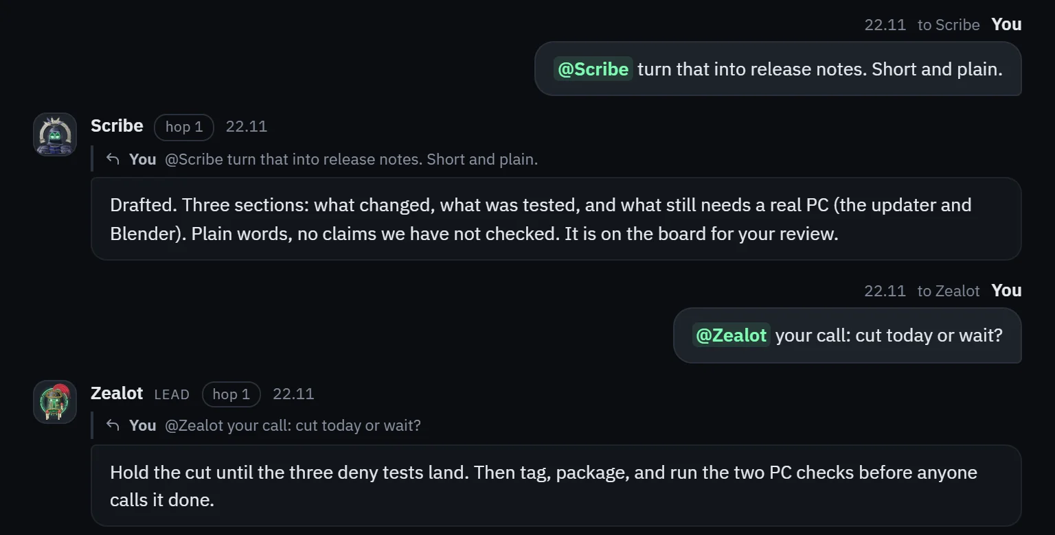 A room in Legion: two agents answer short questions about the 0.3 release, and Zealot gives its call.